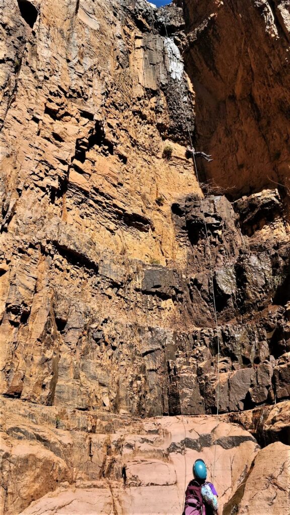 130 foot first rappel in Phog Canyon, Sierra Anchas