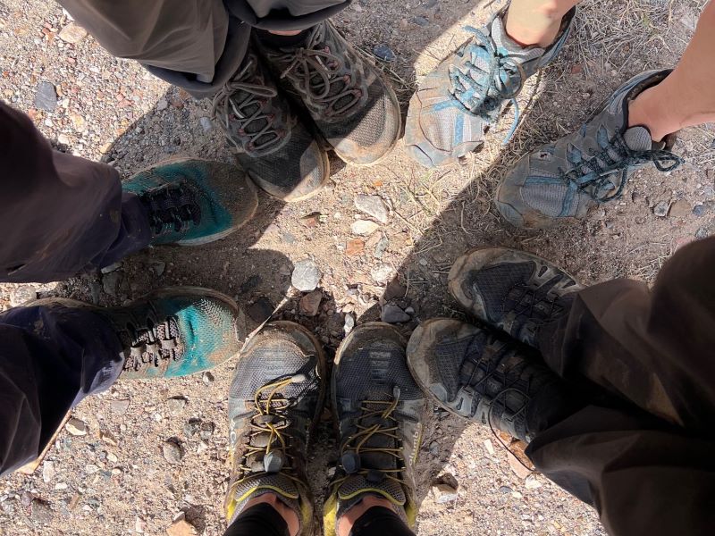 Muddy shoes after descending El Capitan Canyon