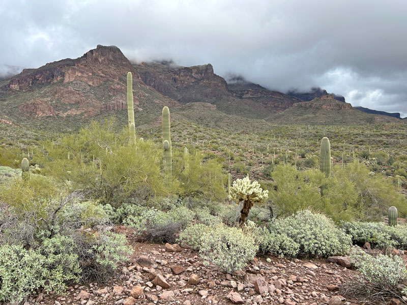 Superstition Mountains in clouds