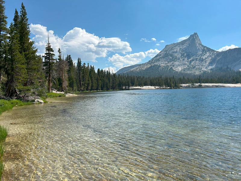 A view of Cathedral Peak from Lower Cathedral Lake