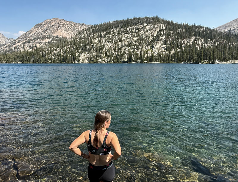 Taking a swim at Toxaway Lake in the Sawtooth Wilderness