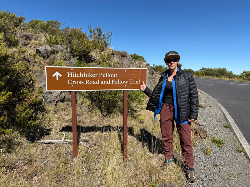 Sign for the hitchhiker pullout along Crater Road in Maui, Hawaii